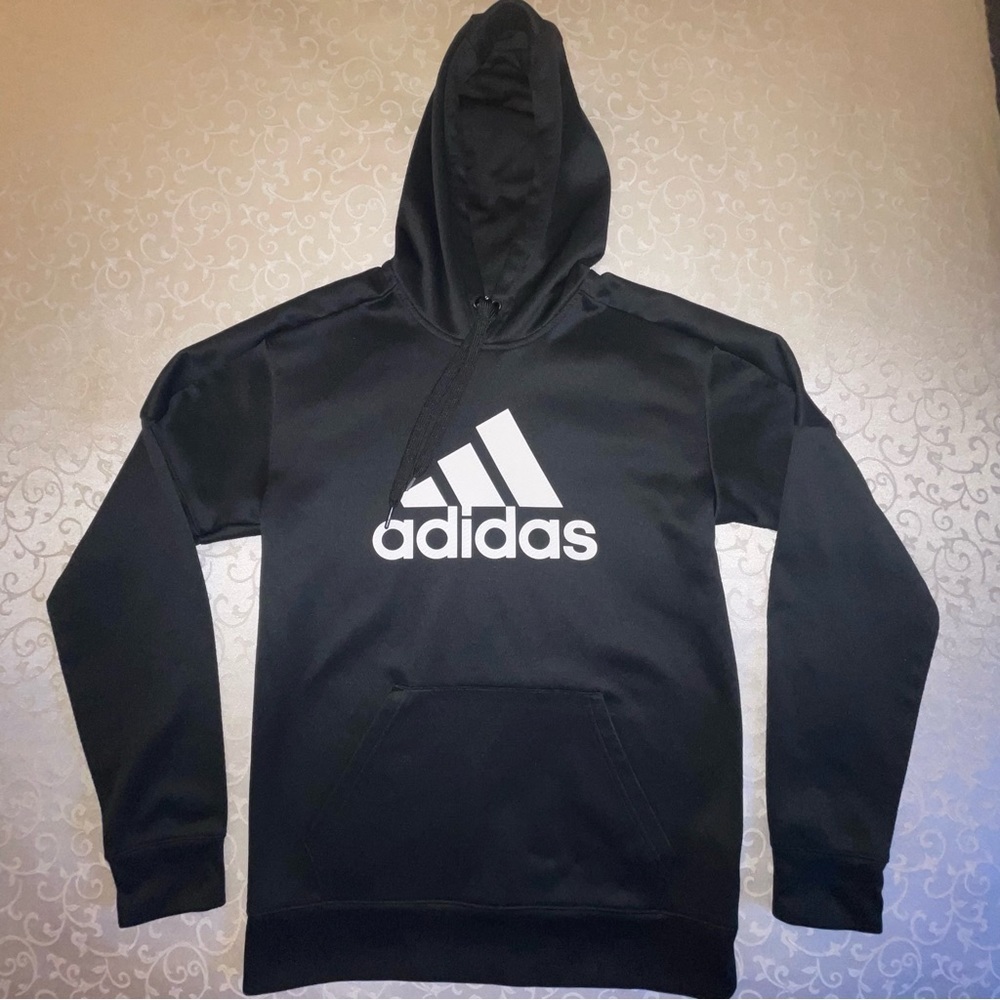 Adidas Black Hoodie With Large White Logo Pullover Sweatshirt Raglan Sleeves